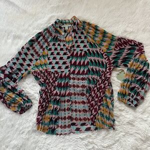 Ryegrass Dillard's Accordion Pleated Blouse XL Boho Geometric Print Long Sleeves